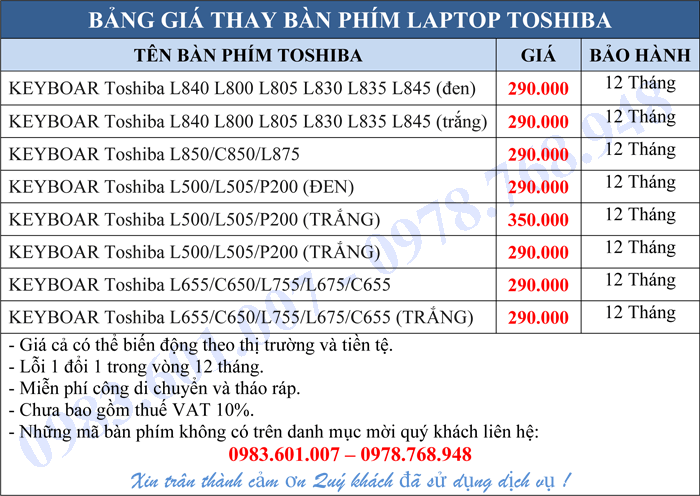 Bảng báo giá thay bàn phím Laptop Toshiba